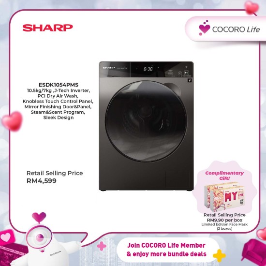 SHARP 10.5kg/7kg Front Load Washing Machine, ESDK1054PMS